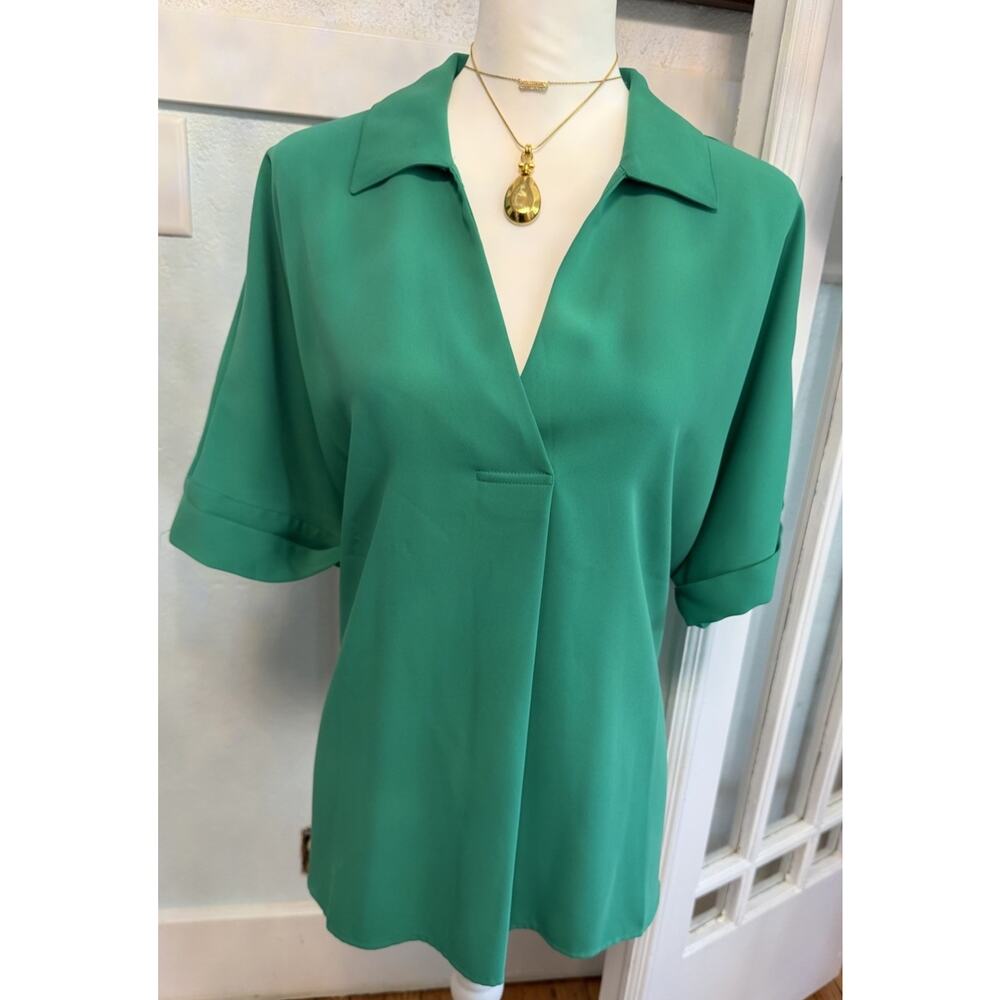 J. Jill Wearever Easy Care Kelly Green Mock Neck Button Back Blouse XL
